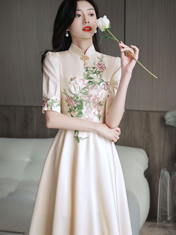 Champagne Appliques A-Line Midi Qipao Cheongsam Dress