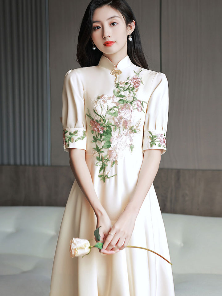 Champagne Appliques A-Line Midi Qipao Cheongsam Dress