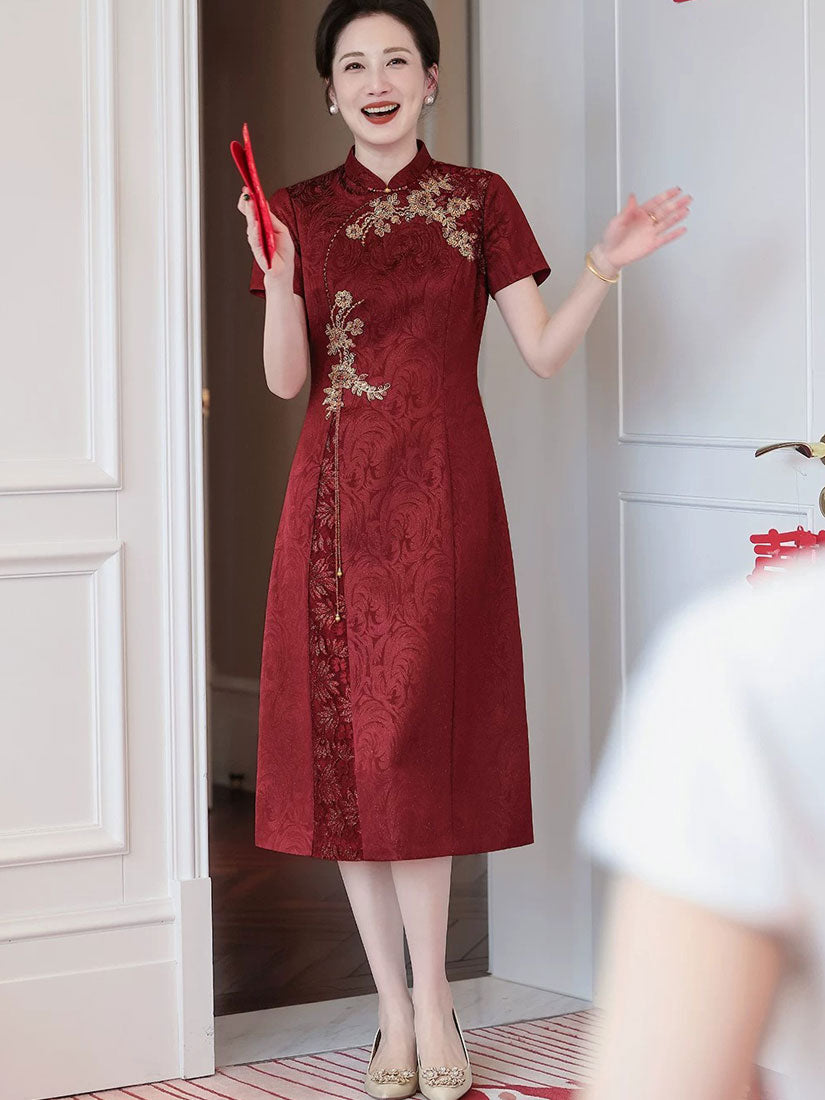 Burgundy Floral Bridal Mothers A-Line Wedding Cheongsam Qipao Dress