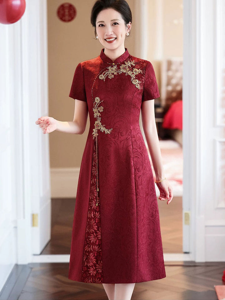 Burgundy Floral Bridal Mothers A-Line Wedding Cheongsam Qipao Dress