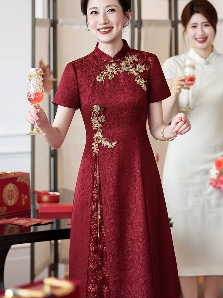 Burgundy Floral Bridal Mothers A-Line Wedding Cheongsam Qipao Dress