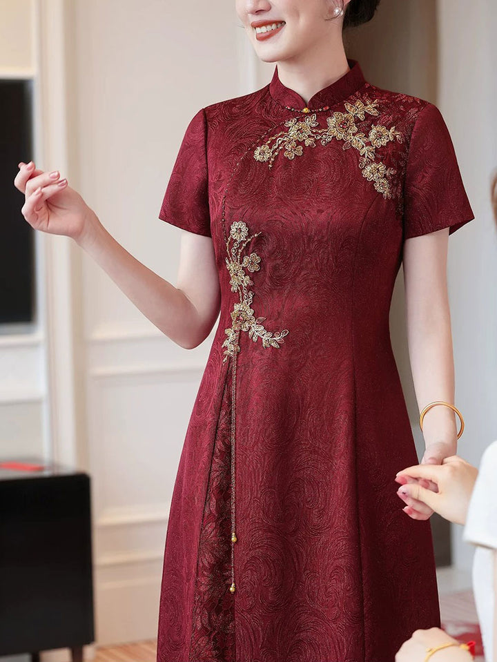Burgundy Floral Bridal Mothers A-Line Wedding Cheongsam Qipao Dress