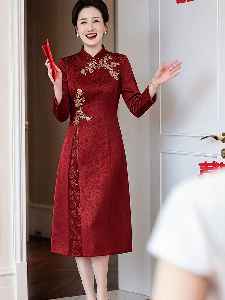Burgundy Floral Bridal Mothers A-Line Wedding Cheongsam Qipao Dress