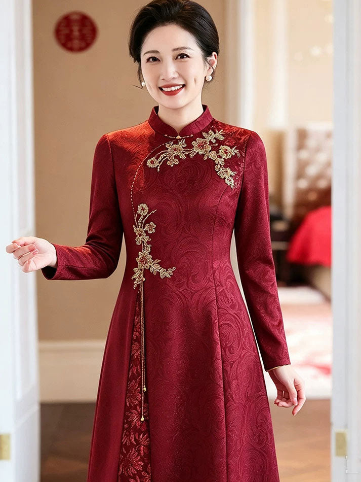 Burgundy Floral Bridal Mothers A-Line Wedding Cheongsam Qipao Dress