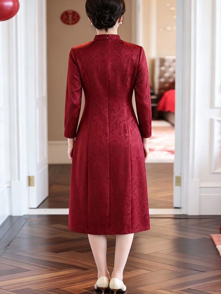 Burgundy Floral Bridal Mothers A-Line Wedding Cheongsam Qipao Dress