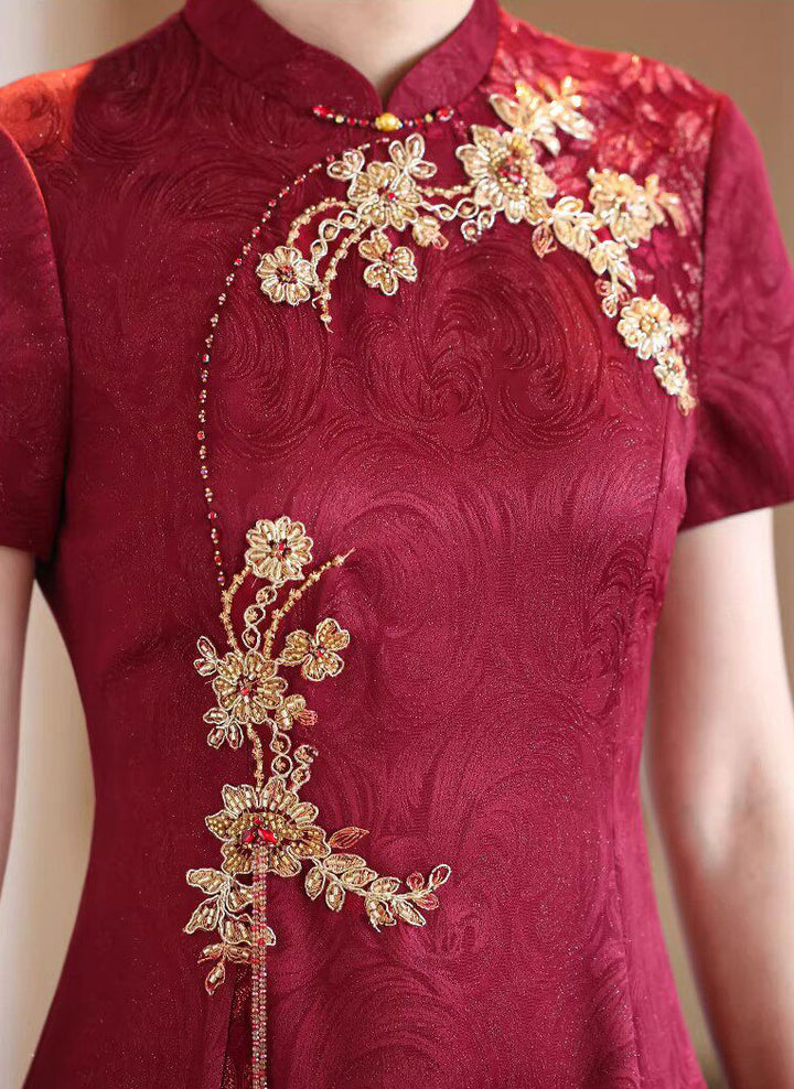 Burgundy Floral Bridal Mothers A-Line Wedding Cheongsam Qipao Dress