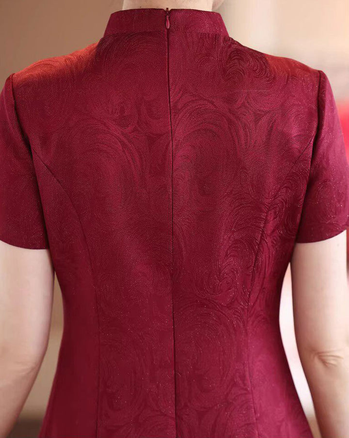 Burgundy Floral Bridal Mothers A-Line Wedding Cheongsam Qipao Dress