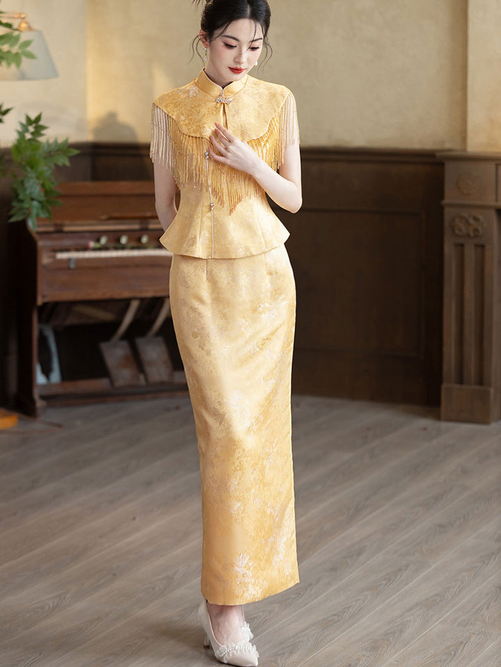 2 Pcs Yellow Jacquard Wedding Cheongsam Shawl Top & Skirt Outfits