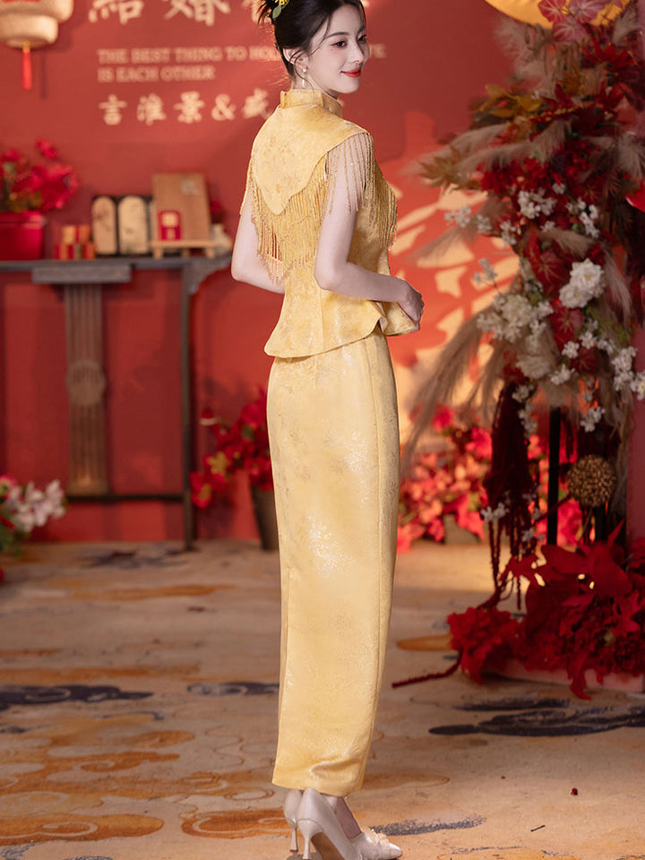 2 Pcs Yellow Jacquard Wedding Cheongsam Shawl Top & Skirt Outfits