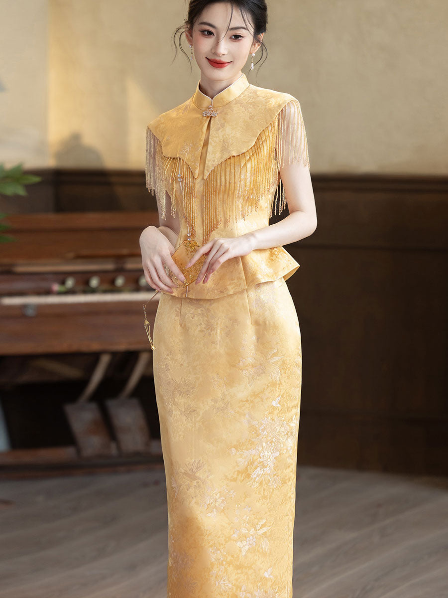 2 Pcs Yellow Jacquard Wedding Cheongsam Shawl Top & Skirt Outfits