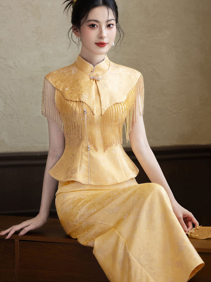 2 Pcs Yellow Jacquard Wedding Cheongsam Shawl Top & Skirt Outfits