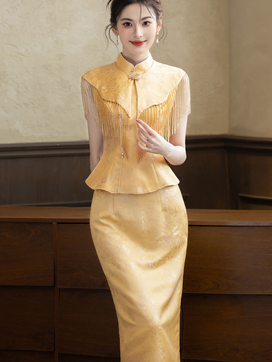 2 Pcs Yellow Jacquard Wedding Cheongsam Shawl Top & Skirt Outfits