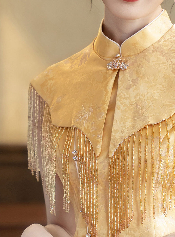 2 Pcs Yellow Jacquard Wedding Cheongsam Shawl Top & Skirt Outfits