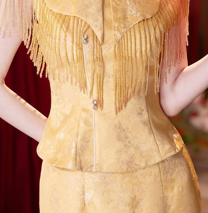 2 Pcs Yellow Jacquard Wedding Cheongsam Shawl Top & Skirt Outfits