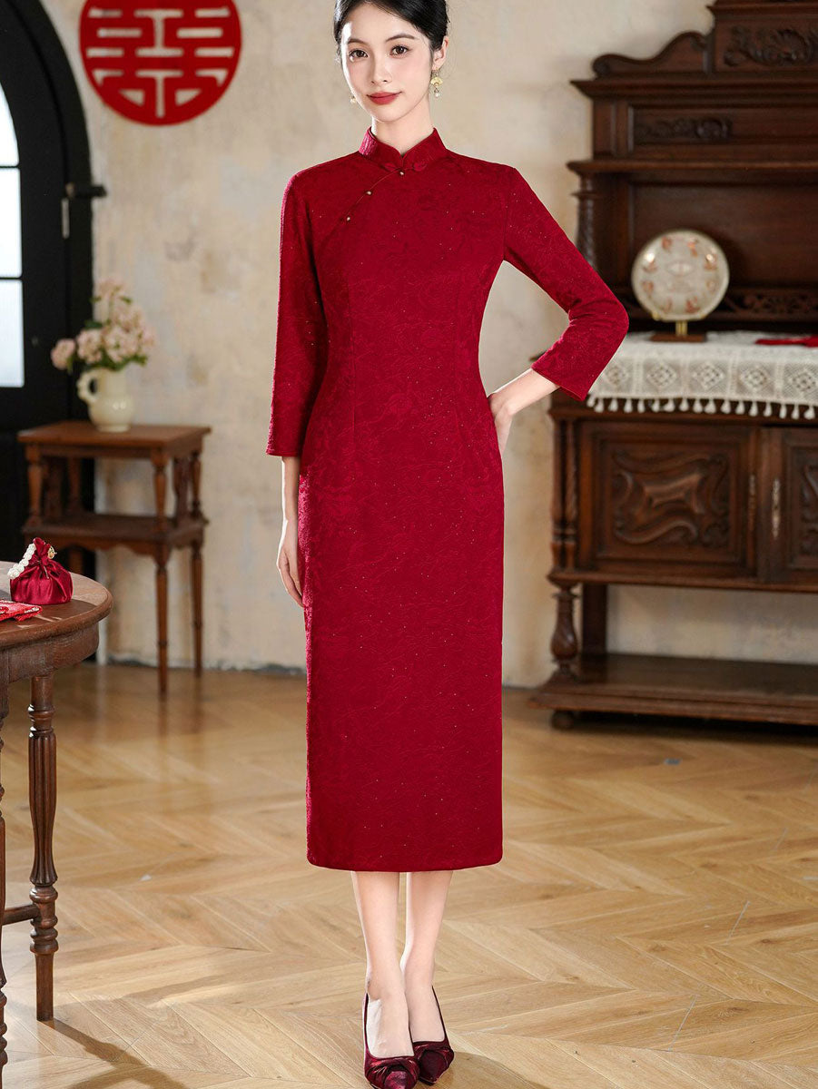 Shimmer Red Mothers Winter Wedding Qipao Cheongsam Dress