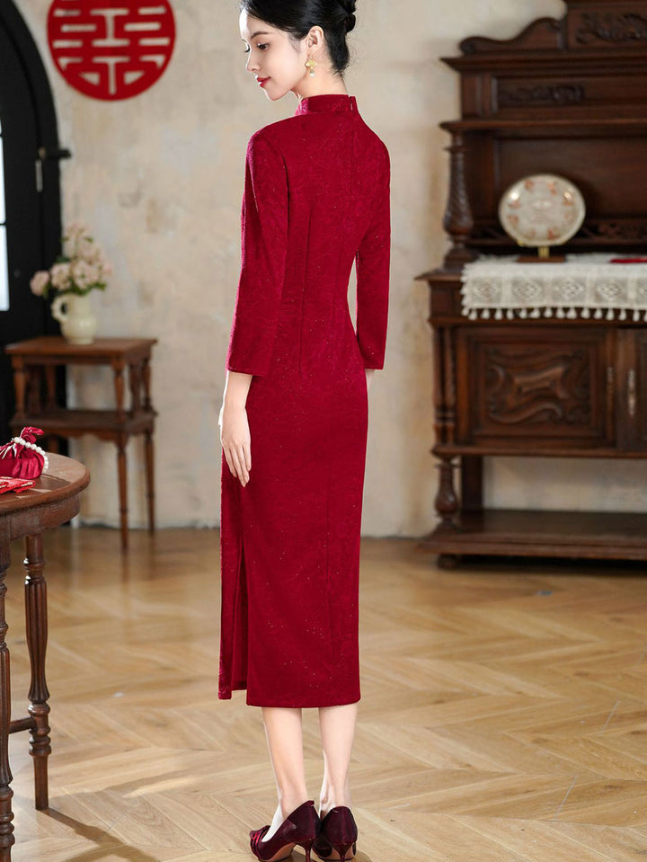Shimmer Red Mothers Winter Wedding Qipao Cheongsam Dress