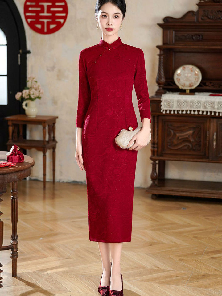 Shimmer Red Mothers Winter Wedding Qipao Cheongsam Dress