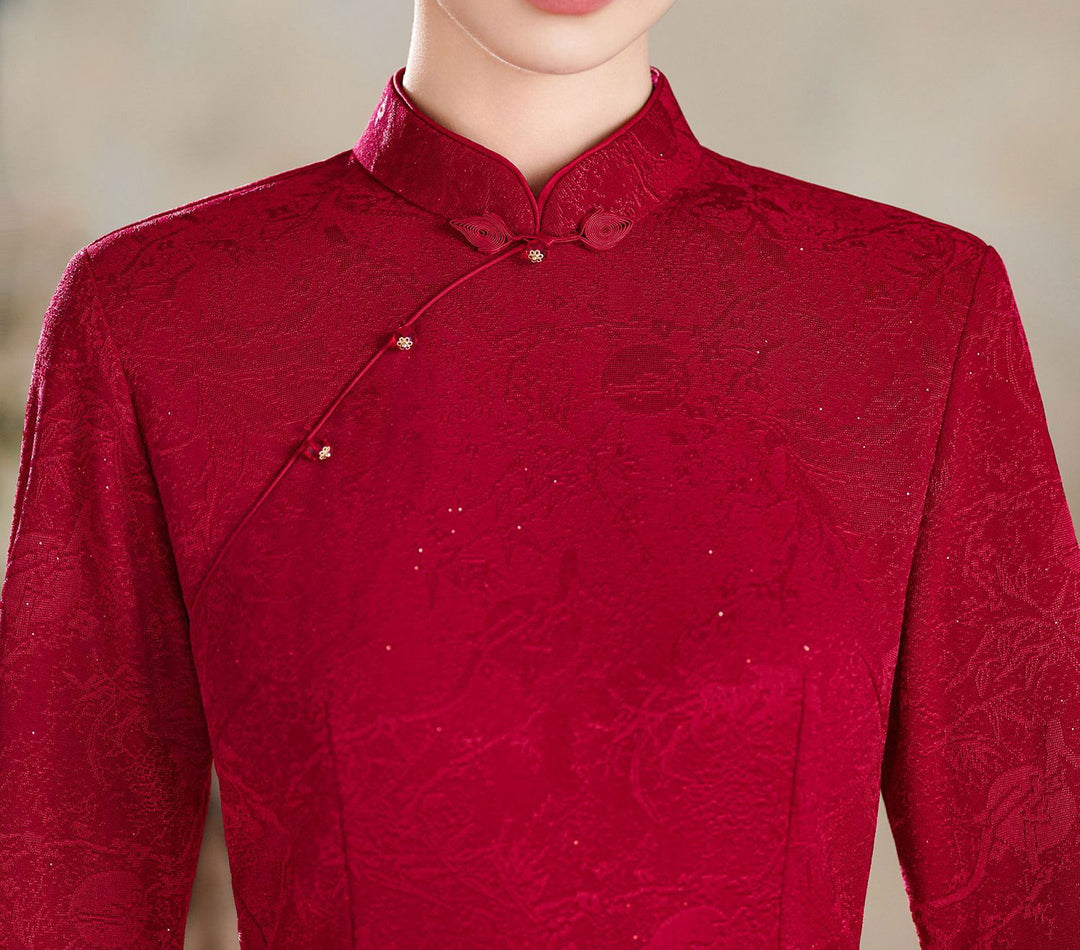 Shimmer Red Mothers Winter Wedding Qipao Cheongsam Dress