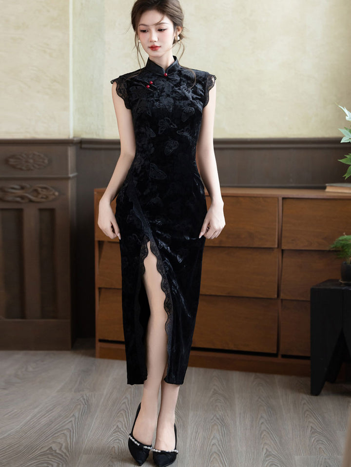 Black Green Split Front Velvet Cheongsam Qipao Dress