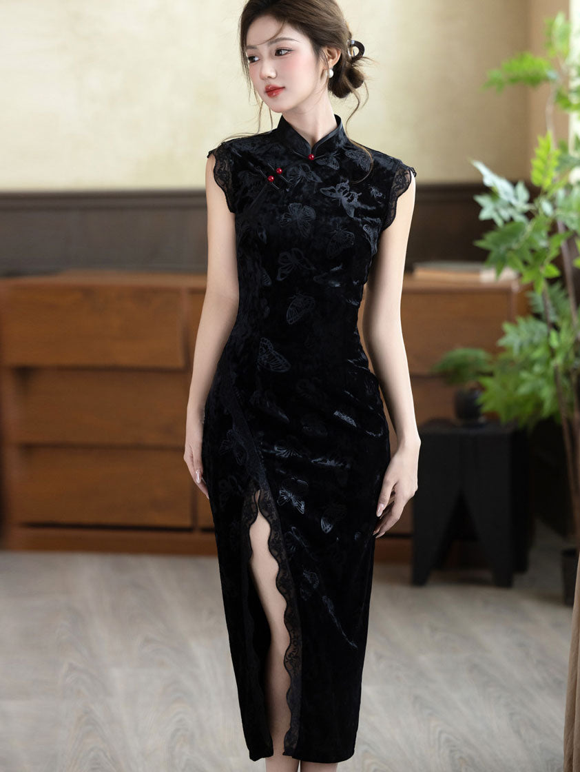 Black Green Split Front Velvet Cheongsam Qipao Dress