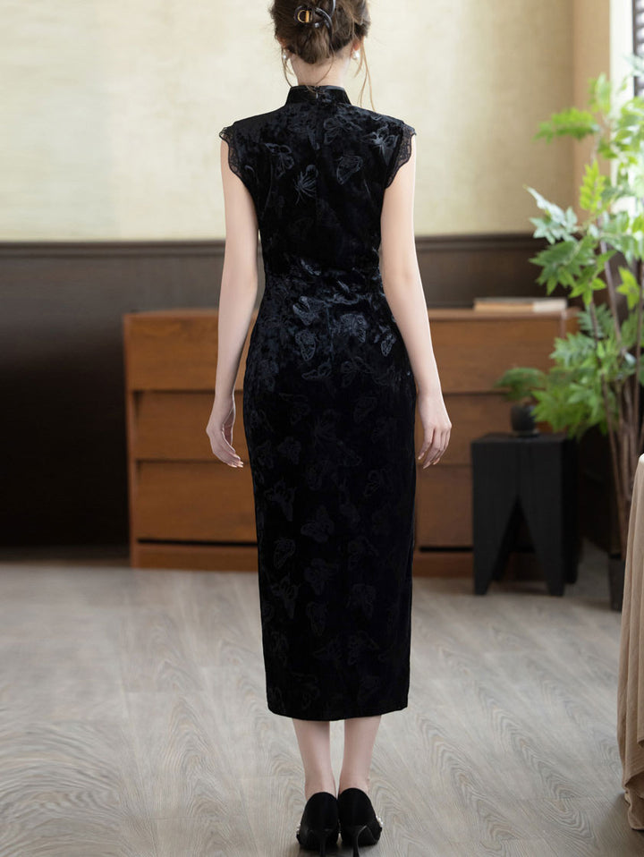 Black Green Split Front Velvet Cheongsam Qipao Dress