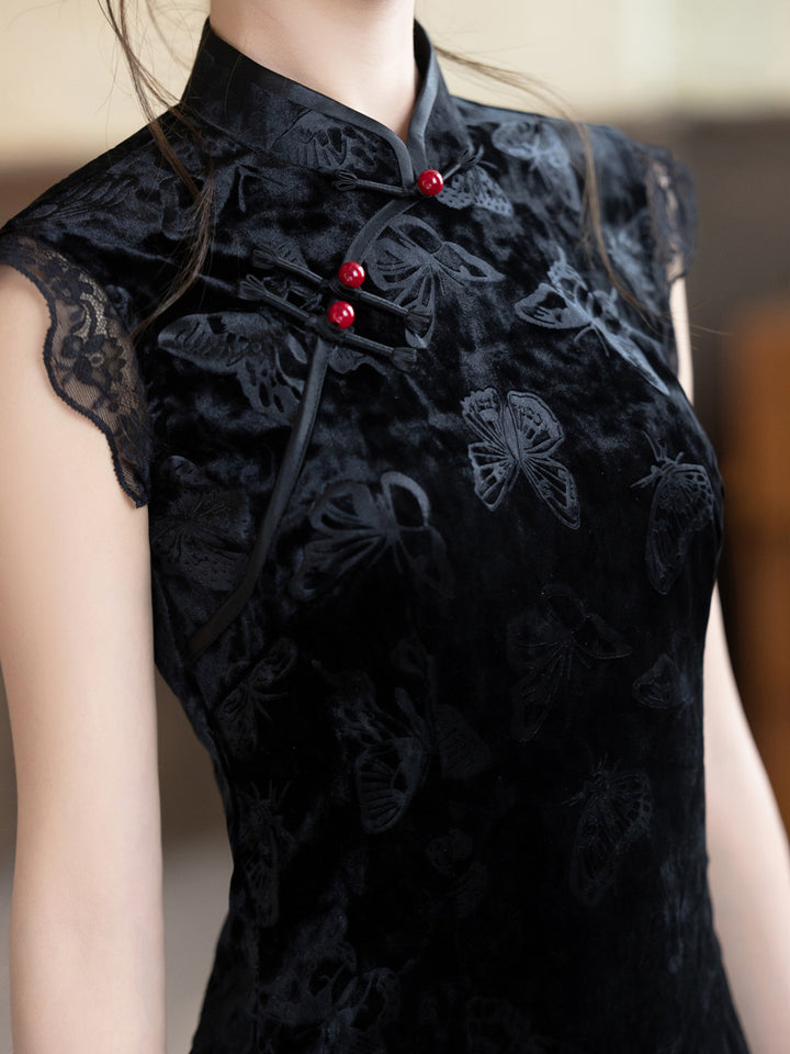 Black Green Split Front Velvet Cheongsam Qipao Dress