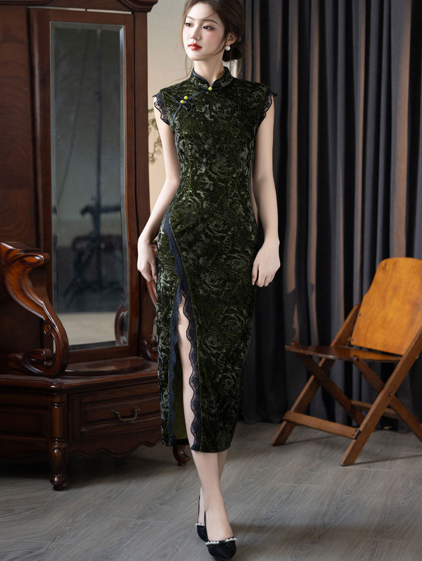 Black Green Split Front Velvet Cheongsam Qipao Dress