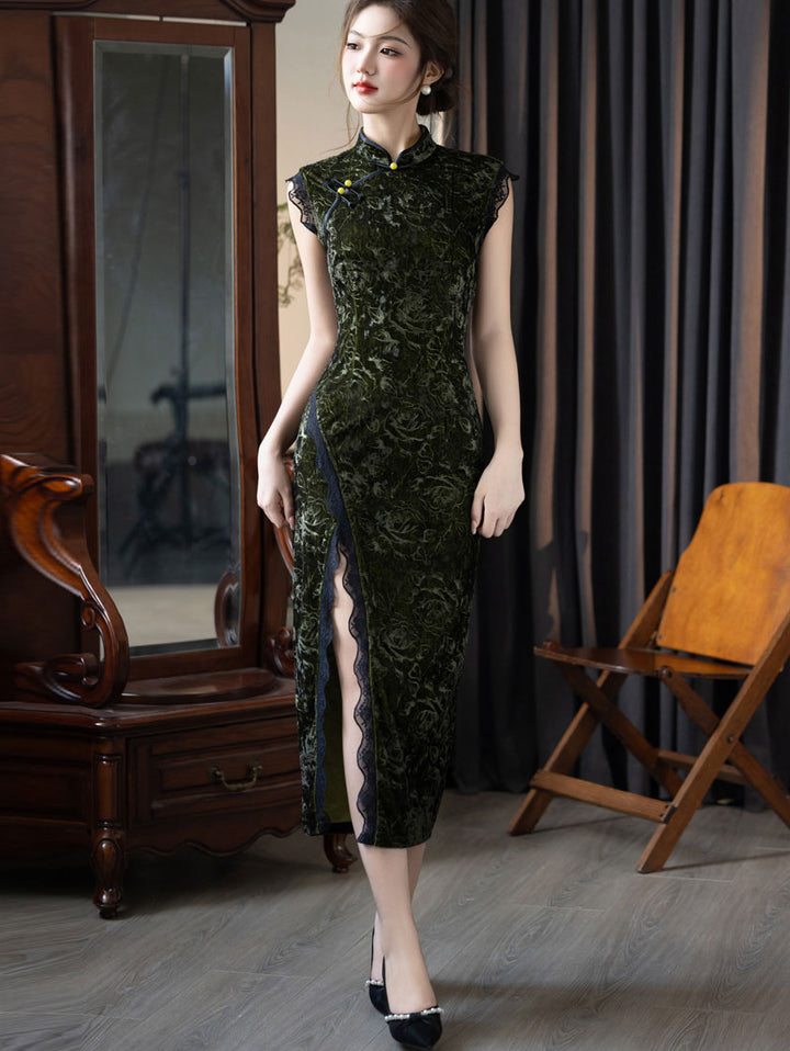 Black Green Split Front Velvet Cheongsam Qipao Dress