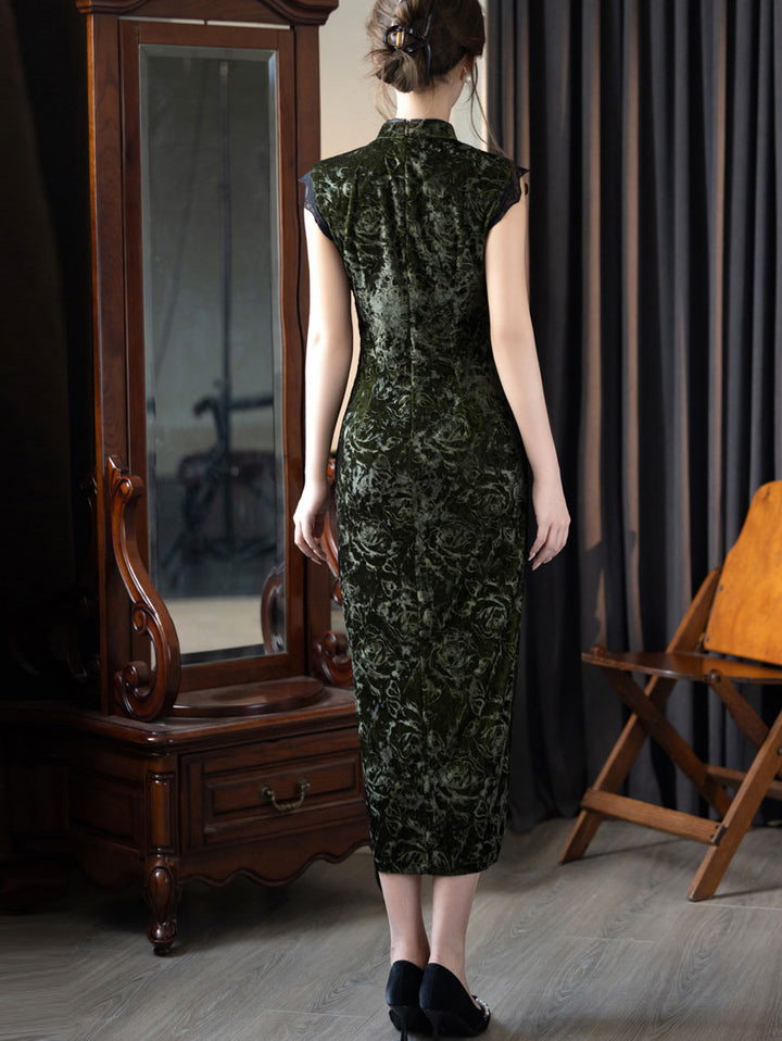 Black Green Split Front Velvet Cheongsam Qipao Dress