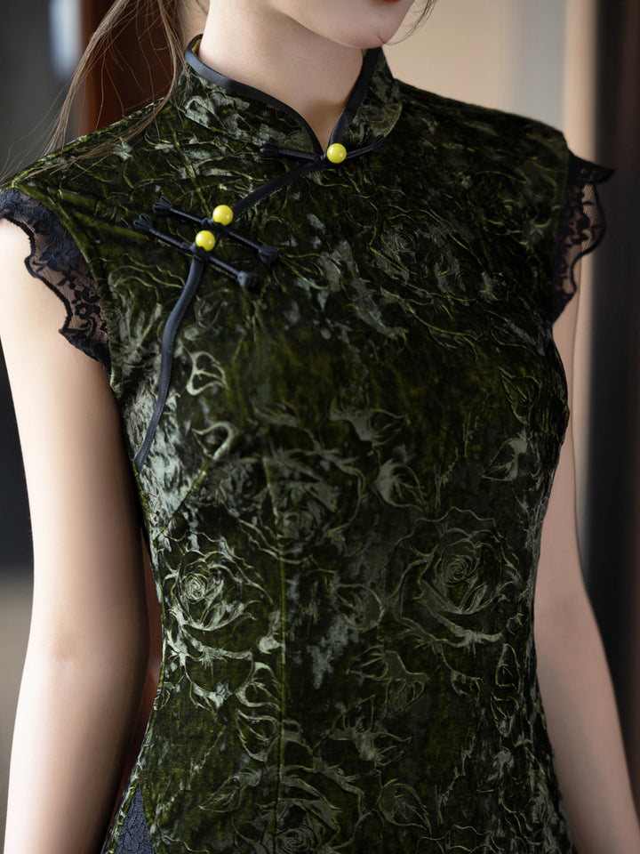 Black Green Split Front Velvet Cheongsam Qipao Dress