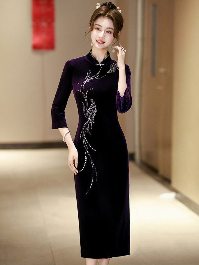Purple Red Mothers Beads Velvet Midi Cheongsam Qipao Dress