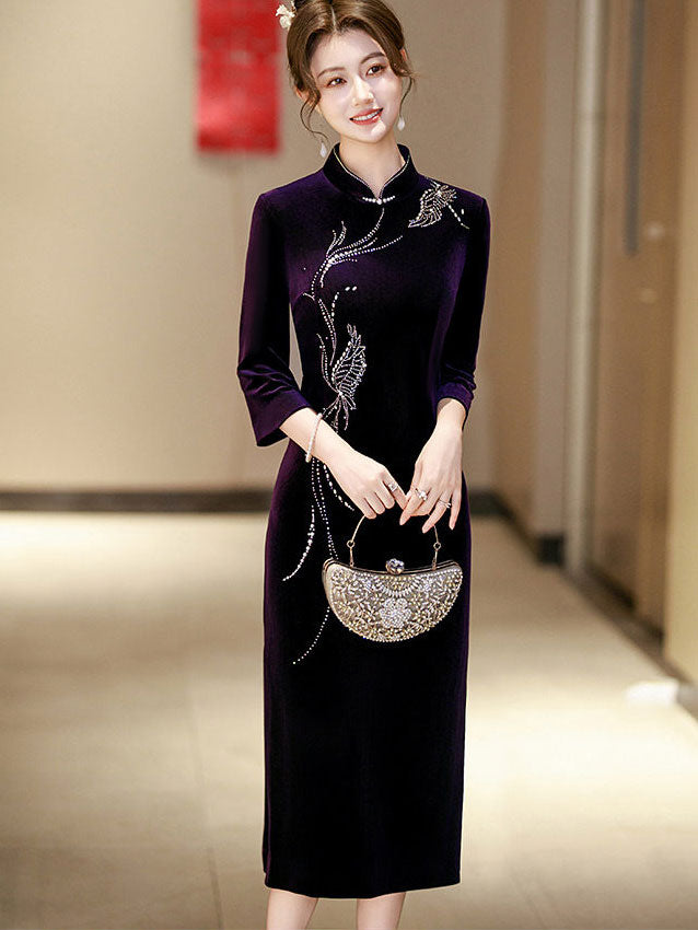 Purple Red Mothers Beads Velvet Midi Cheongsam Qipao Dress