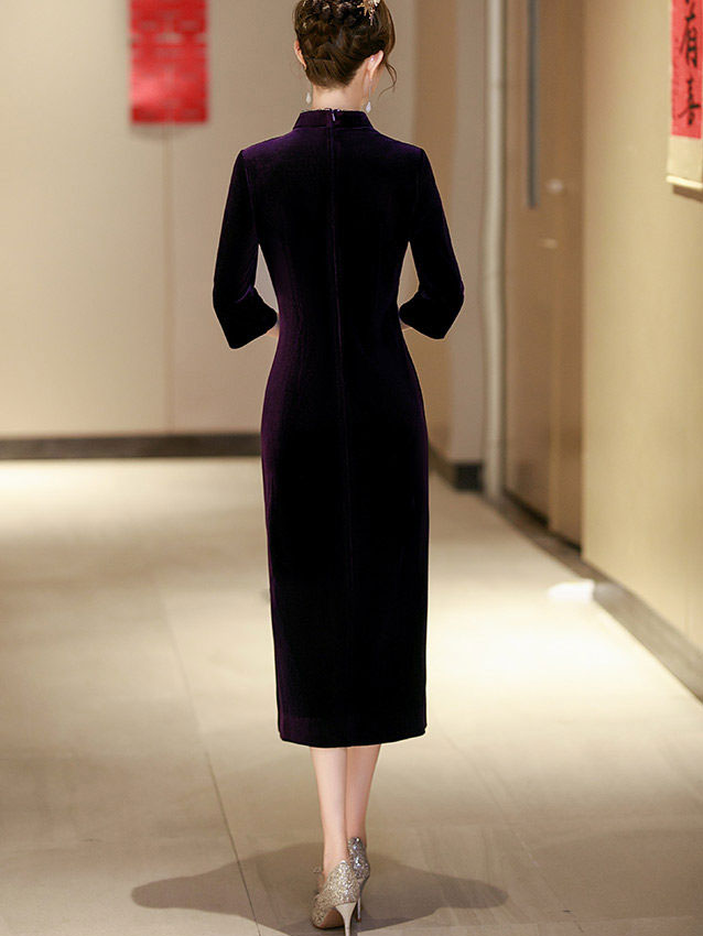 Purple Red Mothers Beads Velvet Midi Cheongsam Qipao Dress