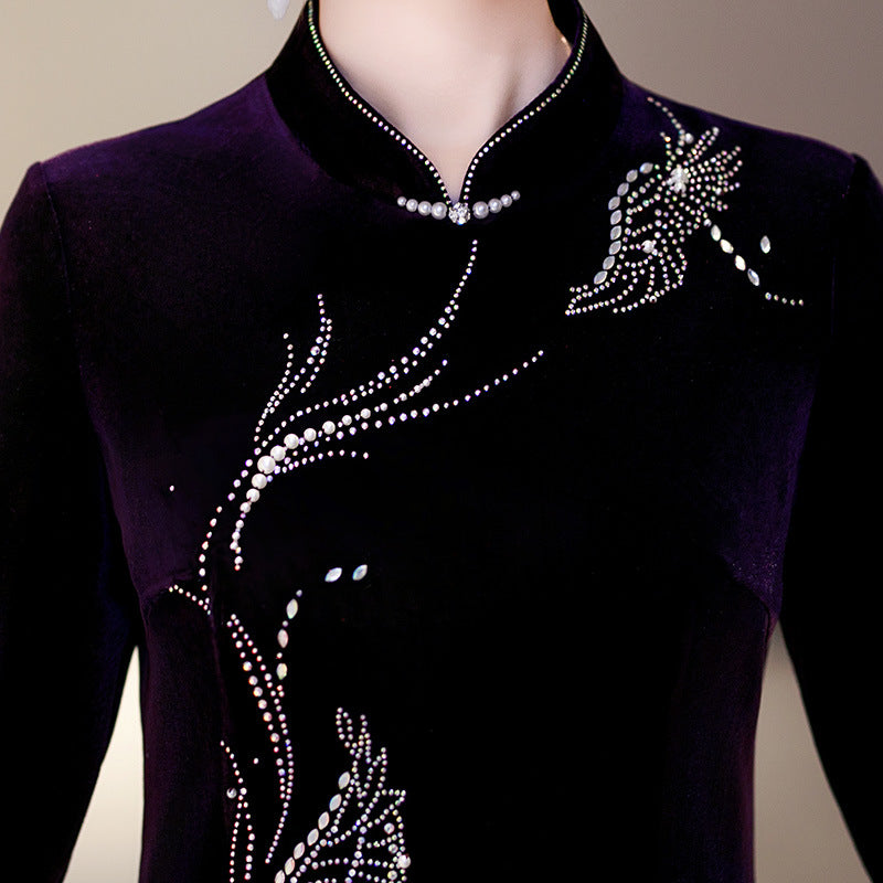 Purple Red Mothers Beads Velvet Midi Cheongsam Qipao Dress