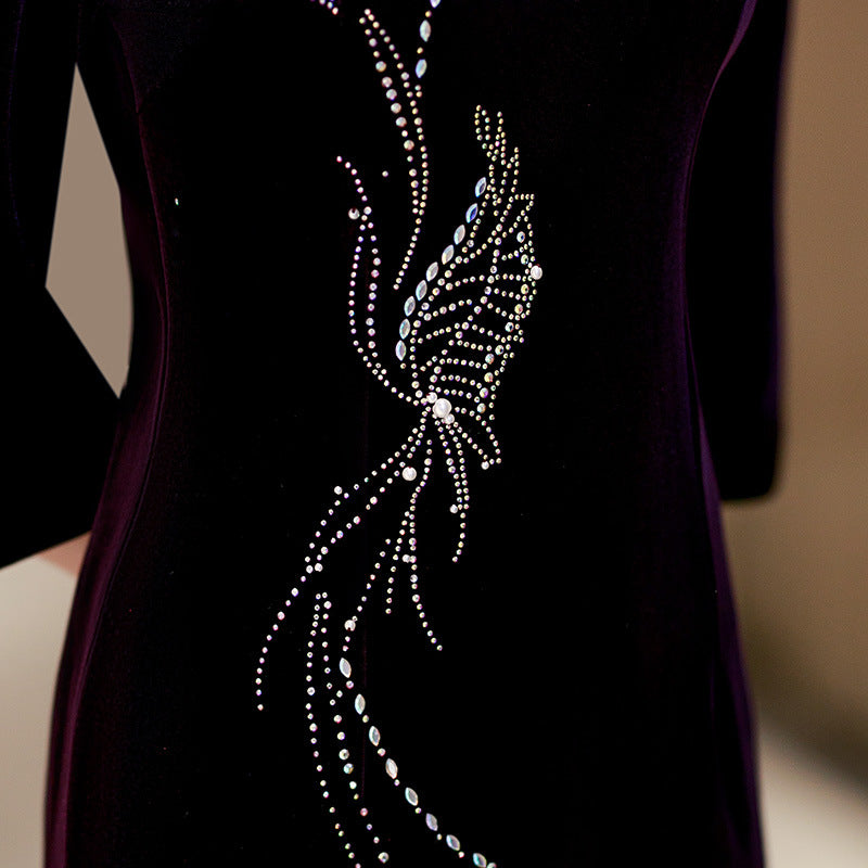 Purple Red Mothers Beads Velvet Midi Cheongsam Qipao Dress