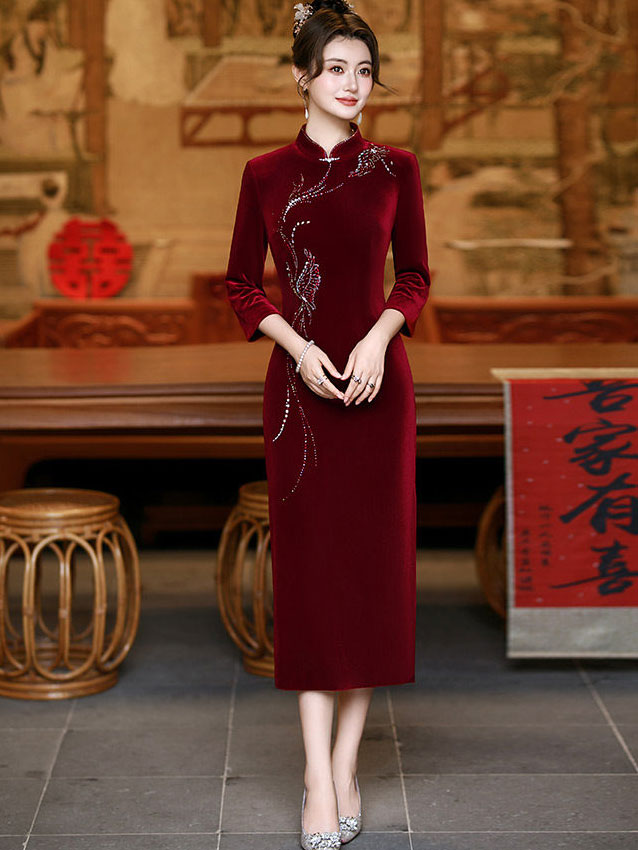 Purple Red Mothers Beads Velvet Midi Cheongsam Qipao Dress