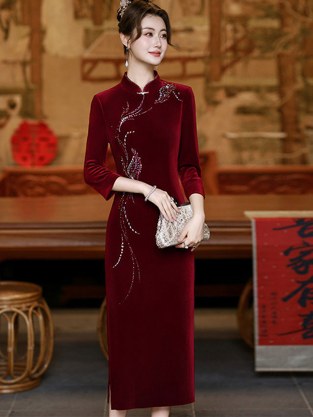 Purple Red Mothers Beads Velvet Midi Cheongsam Qipao Dress