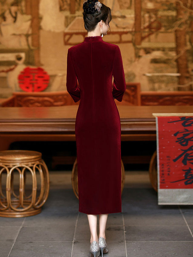 Purple Red Mothers Beads Velvet Midi Cheongsam Qipao Dress