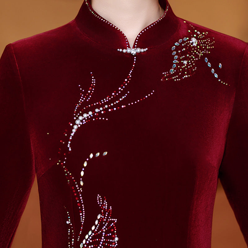Purple Red Mothers Beads Velvet Midi Cheongsam Qipao Dress