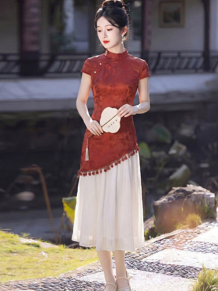 Faux Two-Piece Colorbloack A-line Midi Cheongsam Qipao Dress