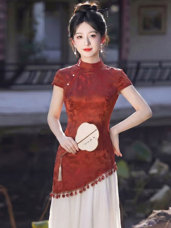 Faux Two-Piece Colorbloack A-line Midi Cheongsam Qipao Dress