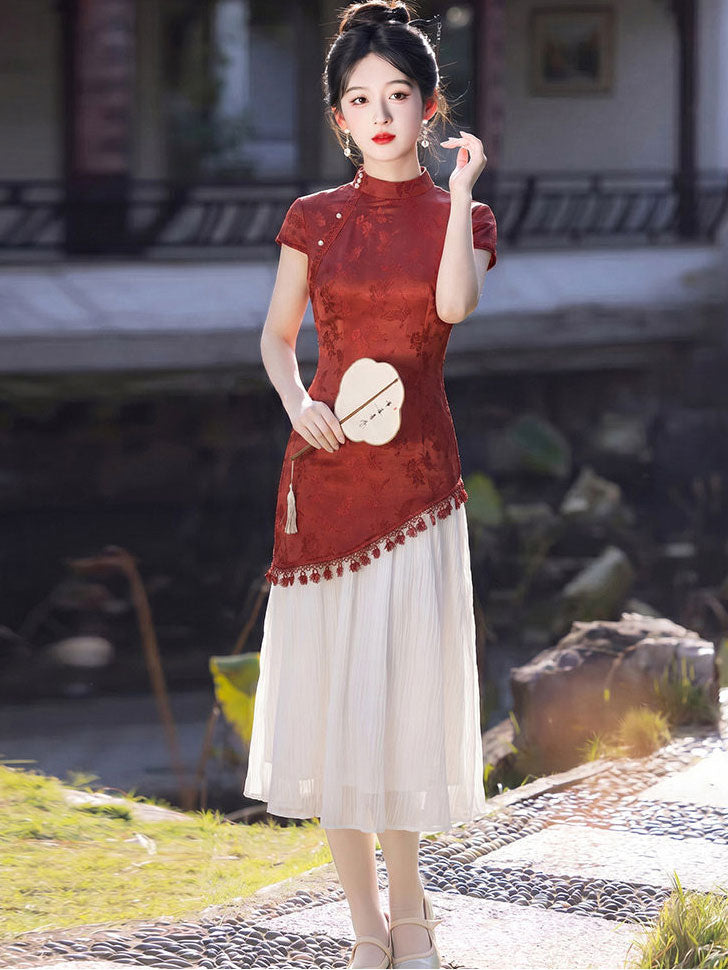 Faux Two-Piece Colorbloack A-line Midi Cheongsam Qipao Dress