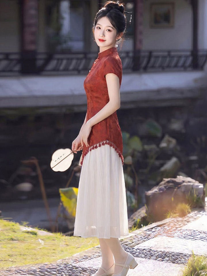 Faux Two-Piece Colorbloack A-line Midi Cheongsam Qipao Dress