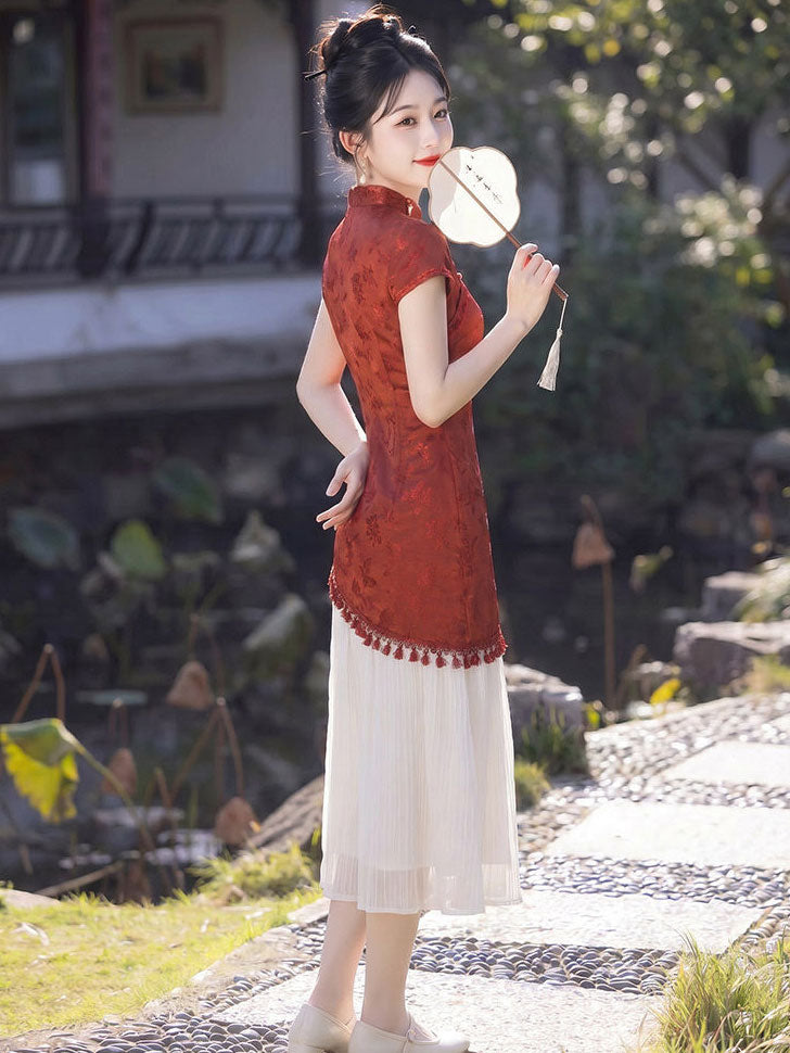 Faux Two-Piece Colorbloack A-line Midi Cheongsam Qipao Dress