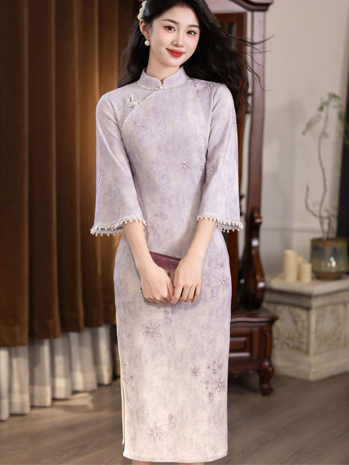Purple Blue 3/4 Sleeve Midi Cheongsam Qipao Dress