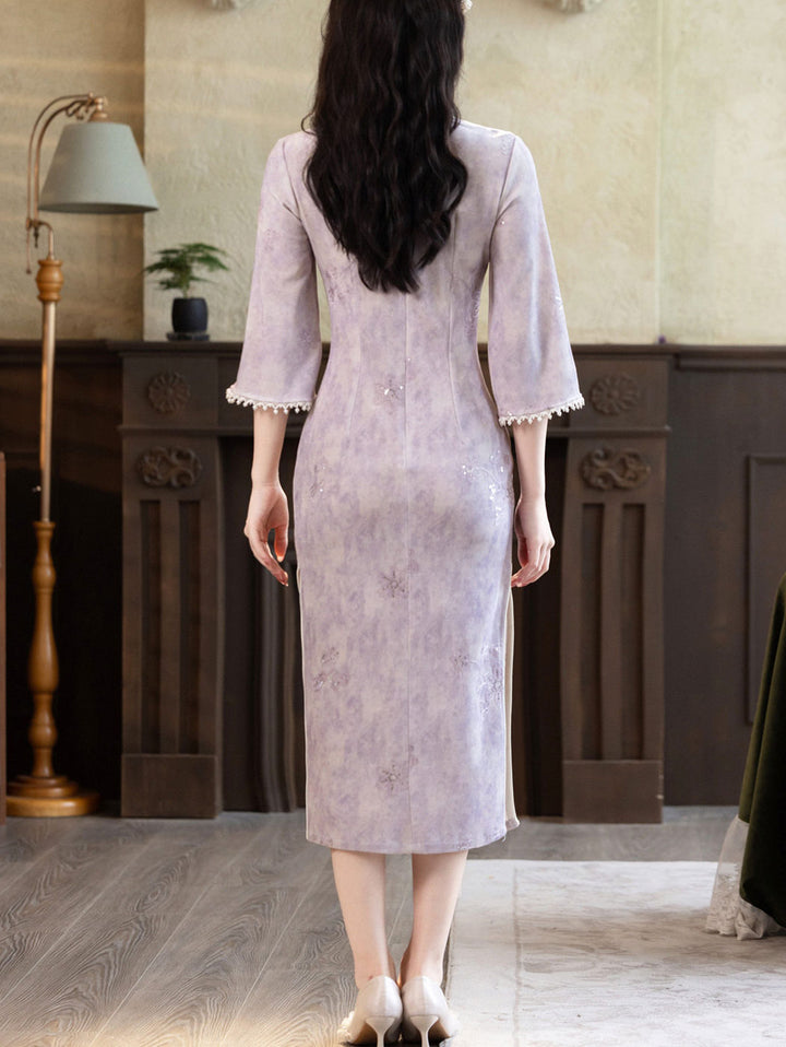 Purple Blue 3/4 Sleeve Midi Cheongsam Qipao Dress