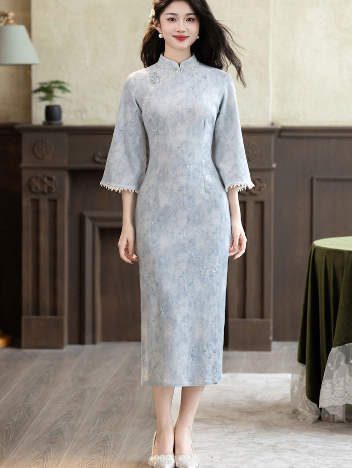 Purple Blue 3/4 Sleeve Midi Cheongsam Qipao Dress