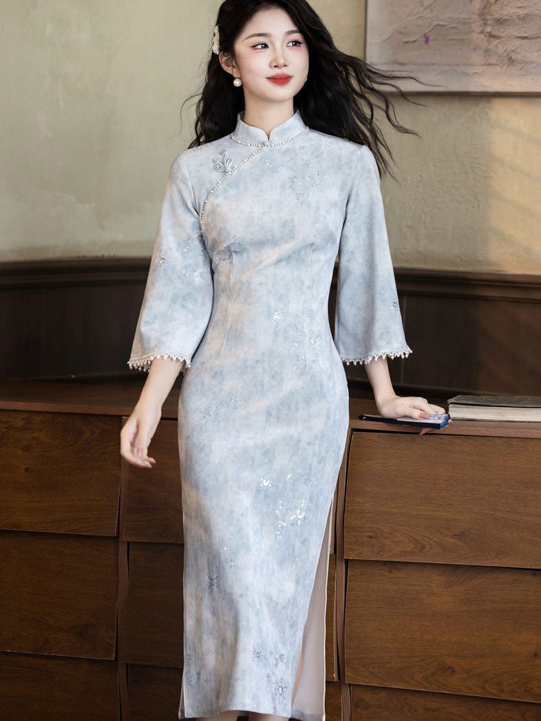 Purple Blue 3/4 Sleeve Midi Cheongsam Qipao Dress
