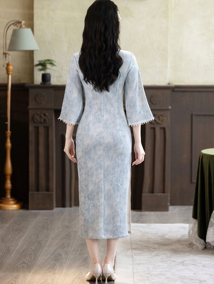 Purple Blue 3/4 Sleeve Midi Cheongsam Qipao Dress