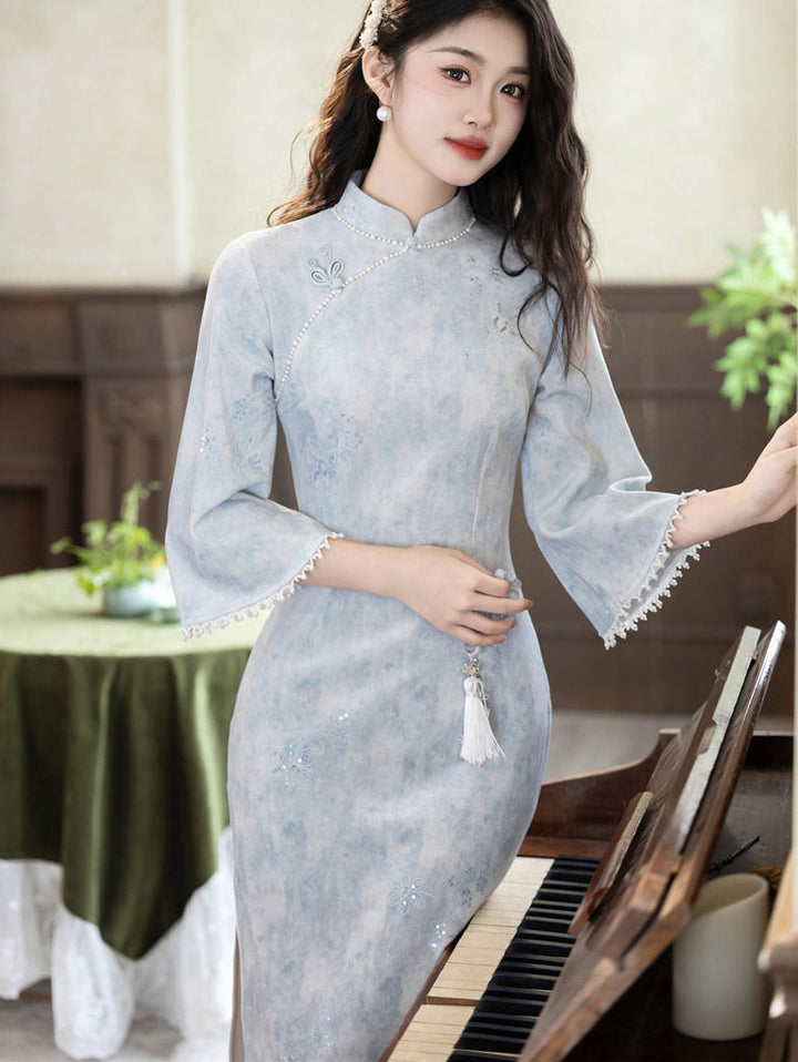 Purple Blue 3/4 Sleeve Midi Cheongsam Qipao Dress